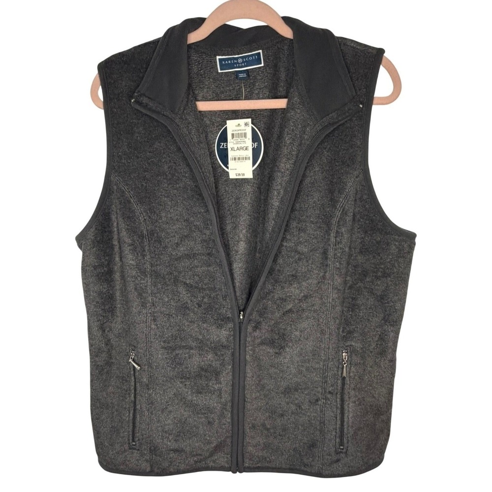 Karen Scott Sport Fleece Vest Women XL Charcoal Heather Full Zip‎ Zeroproof
